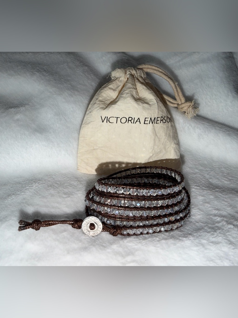 Victoria Emerson Brown Leather Multi-Wrap Bracelet with Clear Crystal Beads